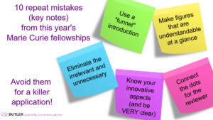 Sticky notes highlighting key mistakes in Marie Curie applications
