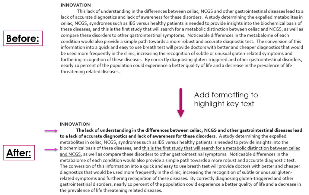 Showing how formatting can change the readability of scientific grant