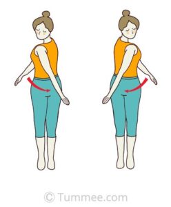 Cartoon of a woman performing a standing torso twist.