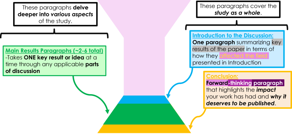 Indicating the 3 types of paragraph in the discussion and where they are found on an hourglass-shaped "map" of your research paper. The Intro to the discussion is first in blue, the middle paragraphs are next and in green, and the conclusion is last in yellow.