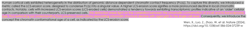 Example of the first paragraph of a discussion in research paper showing mostly a summary of the key results (grey text) related to one key gap in the field that this work sought to fill (pink highlights)